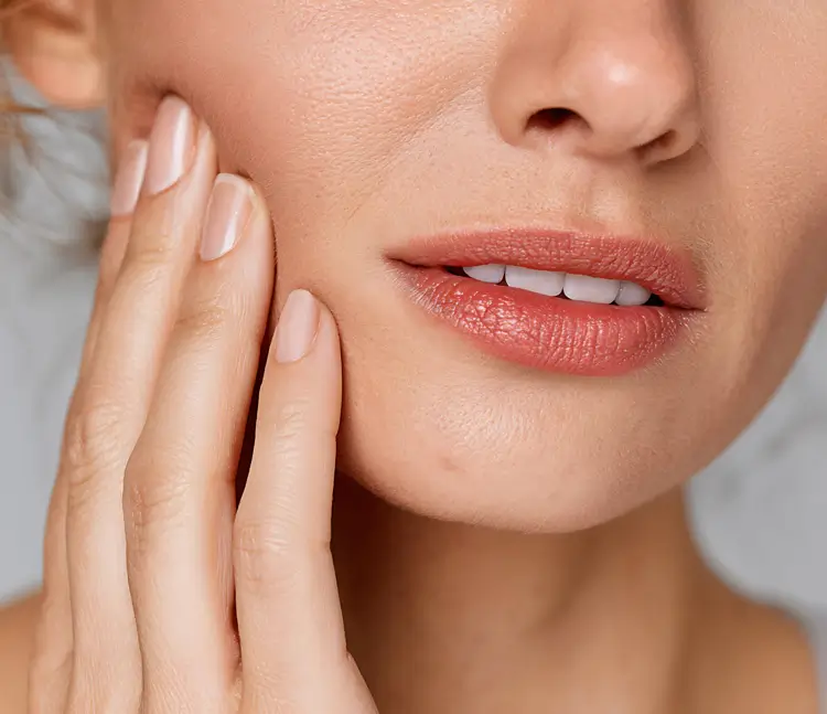 „Nahaufnahme des unteren Gesichts einer Frau. Sie legt ihre Hand an die Wange, die Lippen sind leicht geöffnet und die Zähne sichtbar.