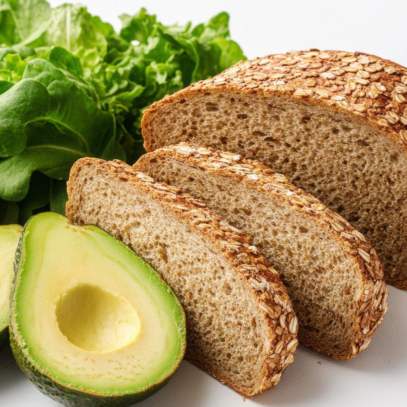 Drei Scheiben Vollkornbrot mit Haferflocken, halbierte Avocado und gr&uuml;ner Salat im Hintergrund