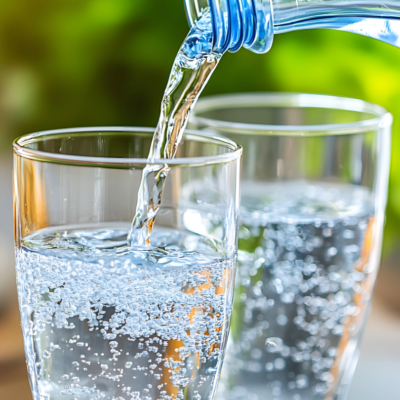 Wasser wird aus einer Flasche in ein Glas mit Sprudel gef&uuml;llt, ein zweites Glas steht daneben