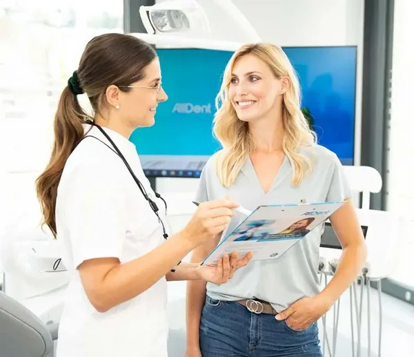 Zahnärztin im weißen Kittel spricht lächelnd mit einer Patientin und zeigt ihr Informationen auf einem Klemmbrett, im Hintergrund moderne Zahnarztpraxis